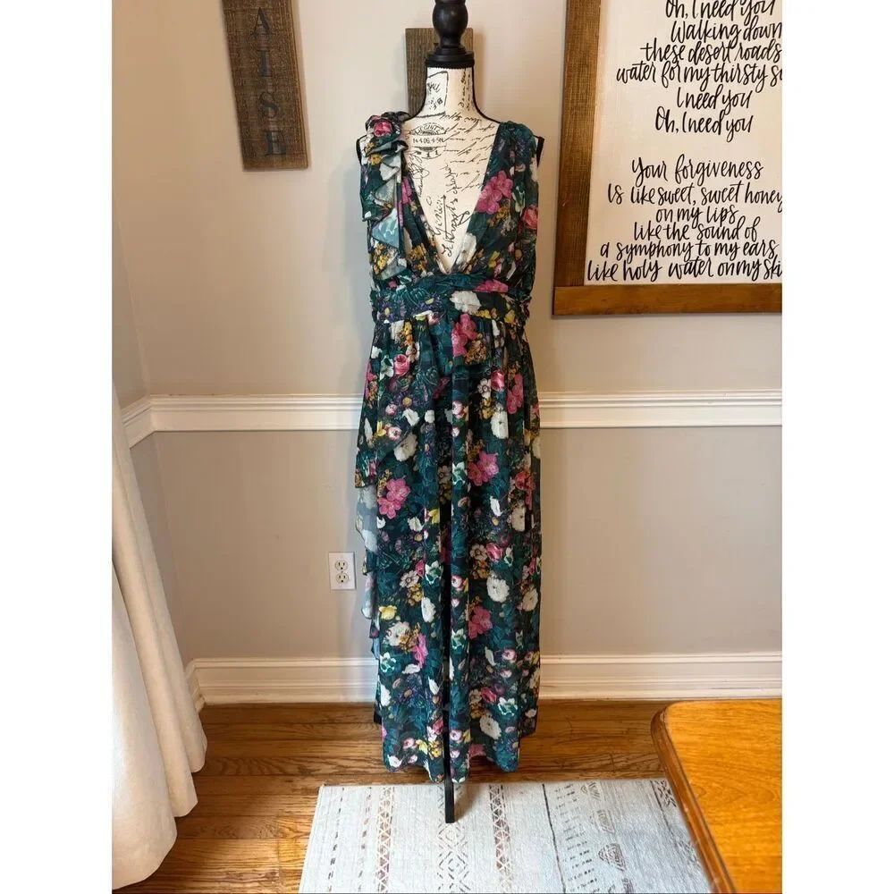Shein Womens Floral Chiffon Ruffle Sleeveless Ball Gown Deep Green Multi XL NWOT